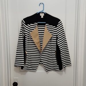 Chico's Black and White Stripe Moto Open Front Jacket Blazer Size 2 US Size L